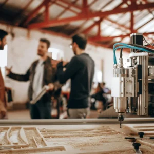Three men discussing work in a woodworking shop with CNC machinery in focus.